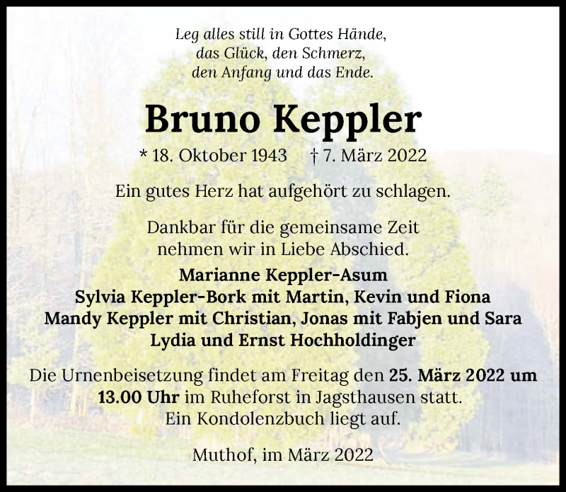  Traueranzeige für Bruno Keppler vom 23.03.2022 aus GESAMT