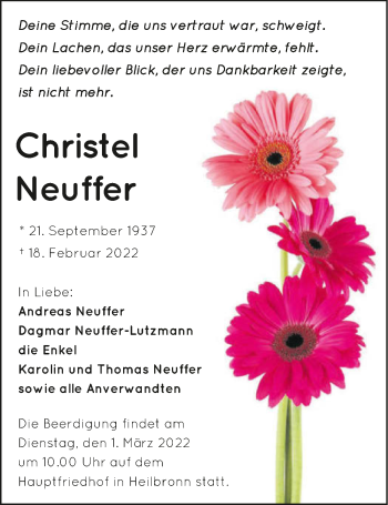 Traueranzeige von Christel Neuffer von GESAMT