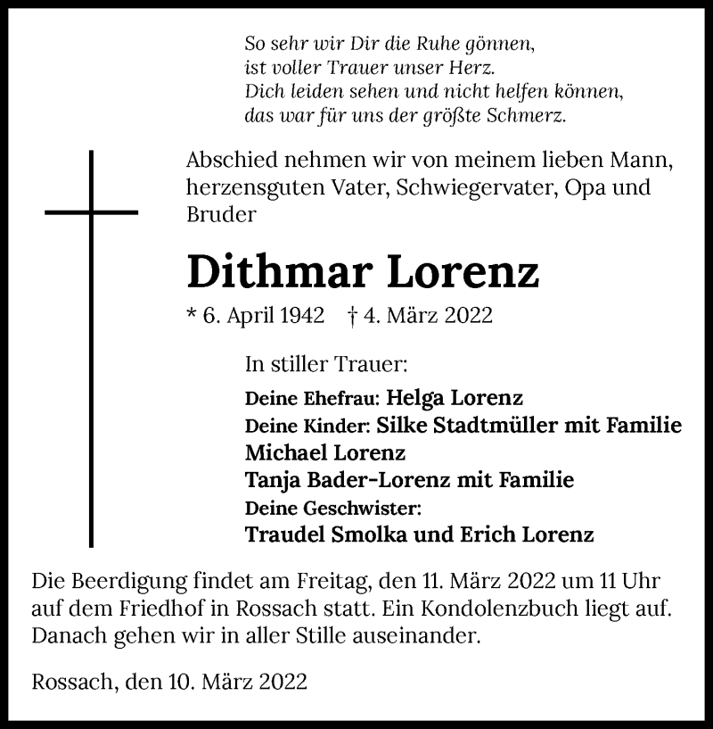  Traueranzeige für Dithmar Lorenz vom 10.03.2022 aus GESAMT