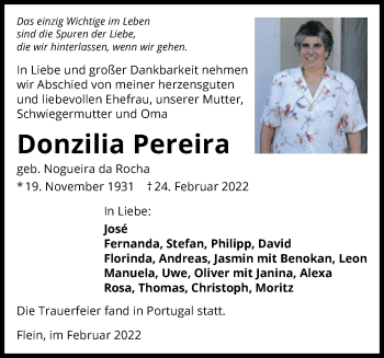 Traueranzeige von Donzilia Pereira von GESAMT