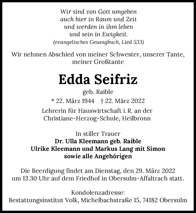  Traueranzeige für Edda Seifriz vom 26.03.2022 aus GESAMT