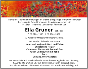 Traueranzeige von Ella Gruner von GESAMT