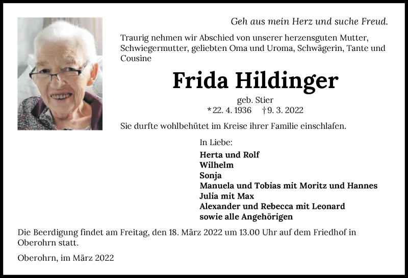  Traueranzeige für Frida Hildinger vom 12.03.2022 aus GESAMT