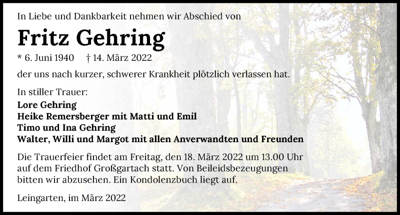  Traueranzeige für Fritz Gehring vom 16.03.2022 aus GESAMT