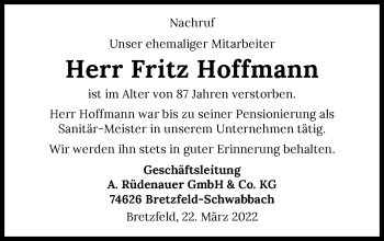 Traueranzeige von Fritz Hoffmann von GESAMT