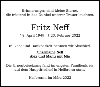 Traueranzeige von Fritz Neff von GESAMT