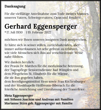 Traueranzeige von Gerhard Eggensperger von GESAMT