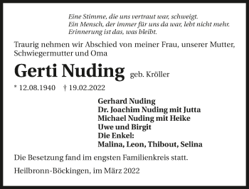 Traueranzeige von Gerti Nuding von GESAMT