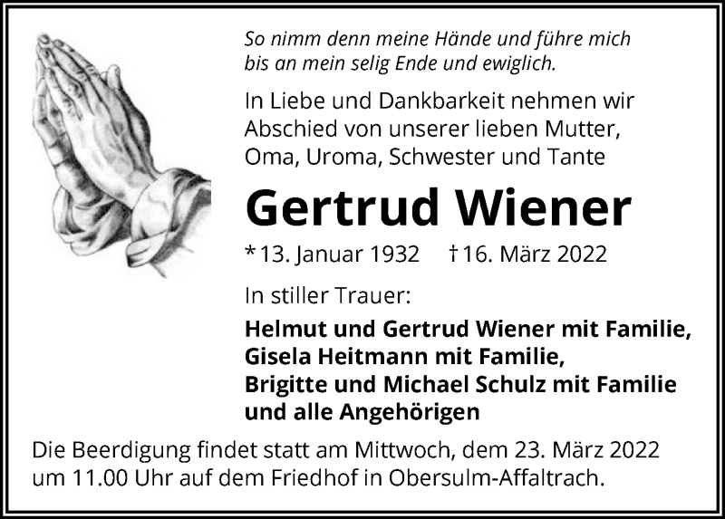  Traueranzeige für Gertrud Wiener vom 19.03.2022 aus GESAMT