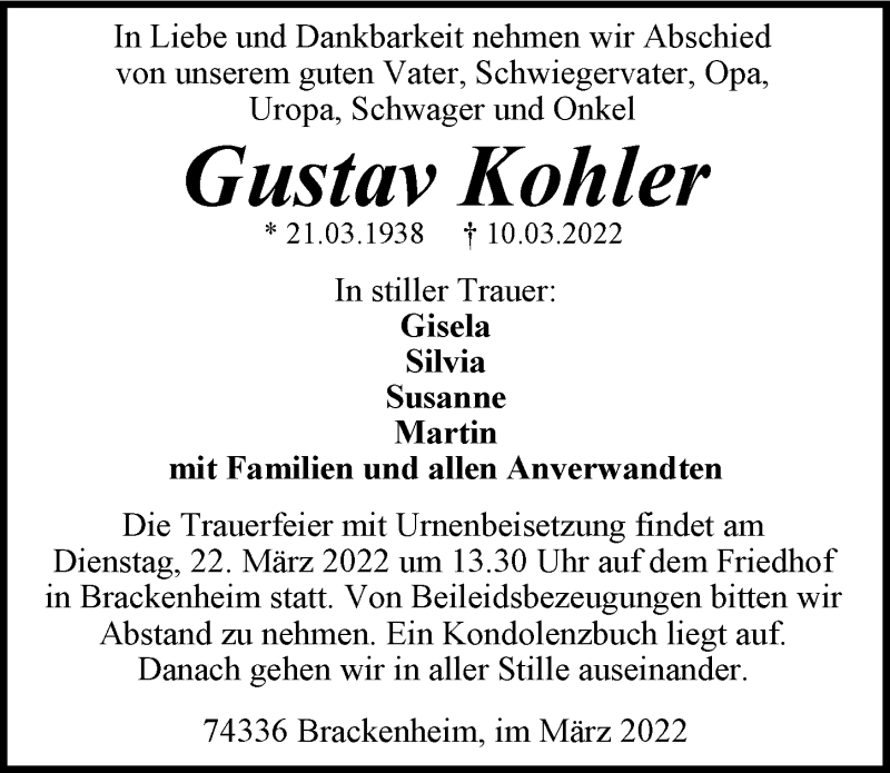 Traueranzeige für Gustav Kohler vom 16.03.2022 aus GESAMT