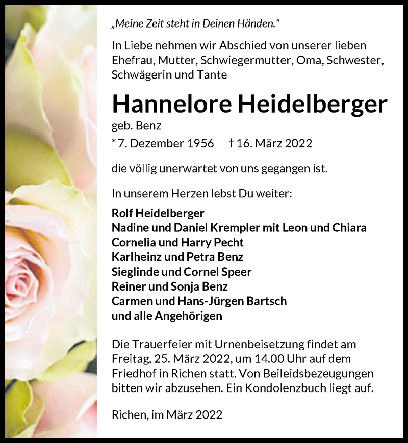  Traueranzeige für Hannelore Heidelberger vom 23.03.2022 aus GESAMT