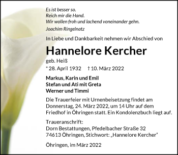 Traueranzeige von Hannelore Kercher von GESAMT