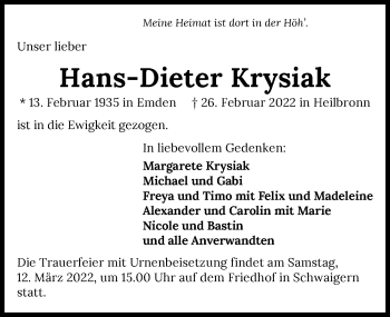 Traueranzeige von Hans-Dieter Krysiak von GESAMT