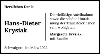 Traueranzeige von Hans-Dieter Krysiak von GESAMT