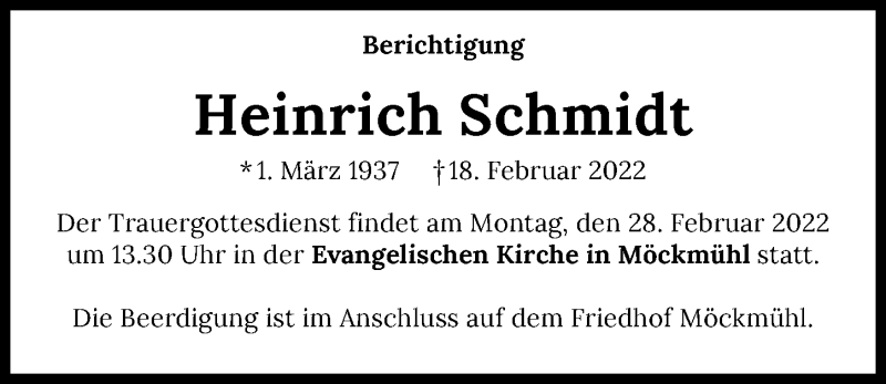  Traueranzeige für Heinrich Schmidt vom 26.02.2022 aus GESAMT