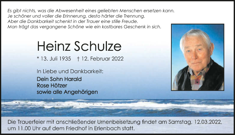  Traueranzeige für Heinz Schulze vom 09.03.2022 aus GESAMT
