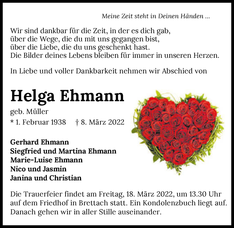  Traueranzeige für Helga Ehmann vom 16.03.2022 aus GESAMT