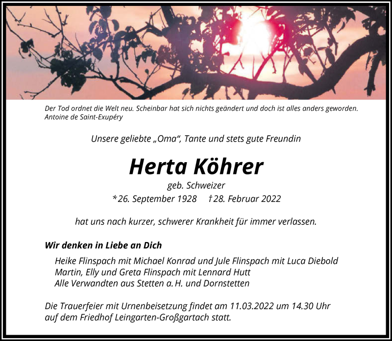  Traueranzeige für Herta Köhrer vom 05.03.2022 aus GESAMT