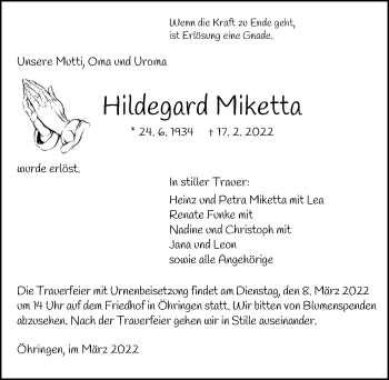 Traueranzeige von Hildegard Miketta von GESAMT