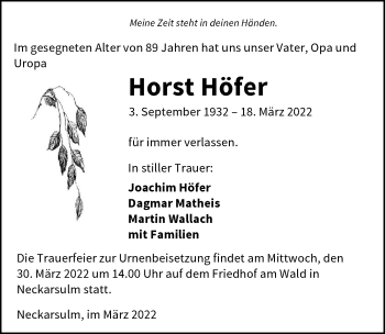 Traueranzeige von Horst Höfer von GESAMT