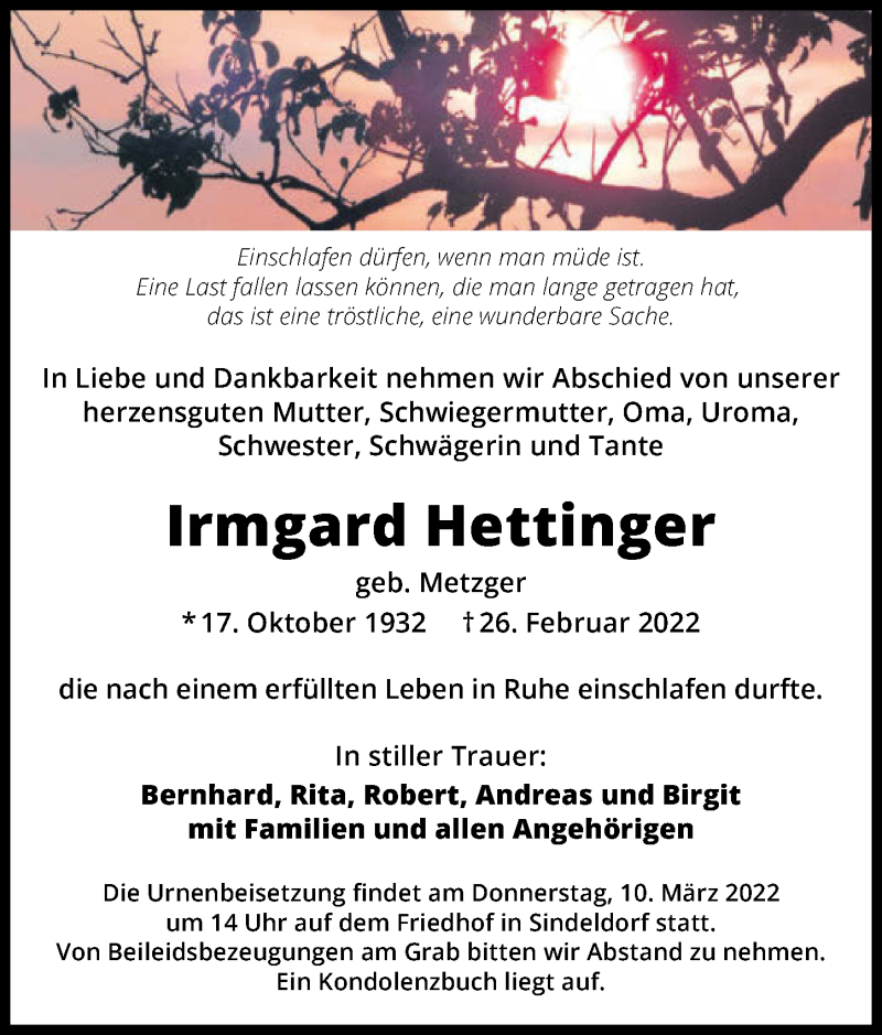  Traueranzeige für Irmgard Hettinger vom 05.03.2022 aus GESAMT