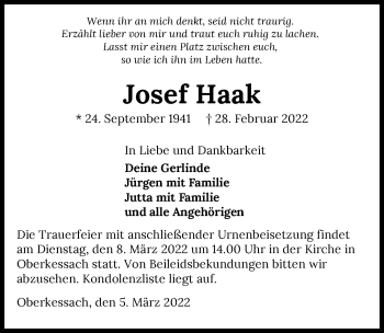 Traueranzeige von Josef Haak von GESAMT
