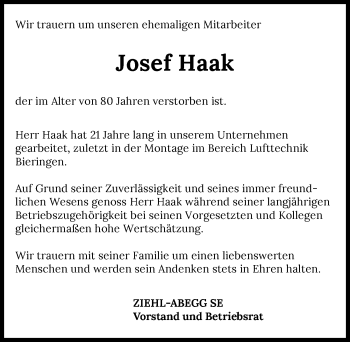 Traueranzeige von Josef Haak von GESAMT