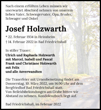 Traueranzeige von Josef Holzwarth von GESAMT