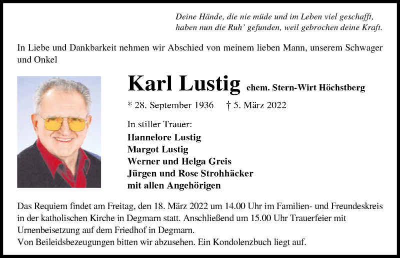  Traueranzeige für Karl Lustig vom 15.03.2022 aus GESAMT