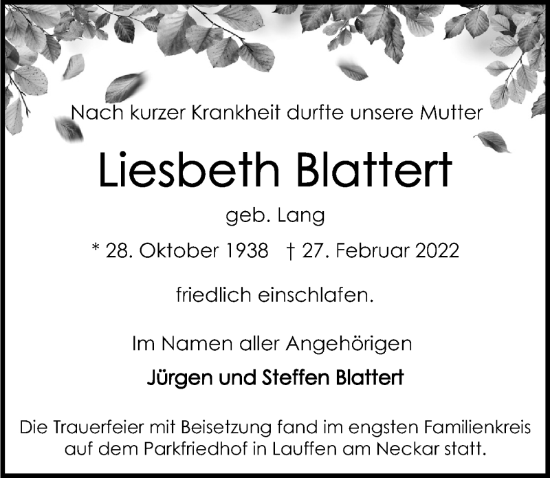  Traueranzeige für Liesbeth Blattert vom 12.03.2022 aus GESAMT