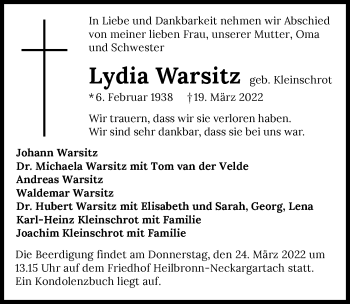 Traueranzeige von Lydia Warsitz von GESAMT