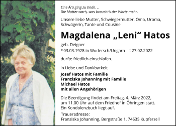 Traueranzeige von Magdalena Hatos von GESAMT