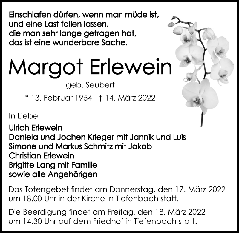  Traueranzeige für Margot Erlewein vom 16.03.2022 aus GESAMT