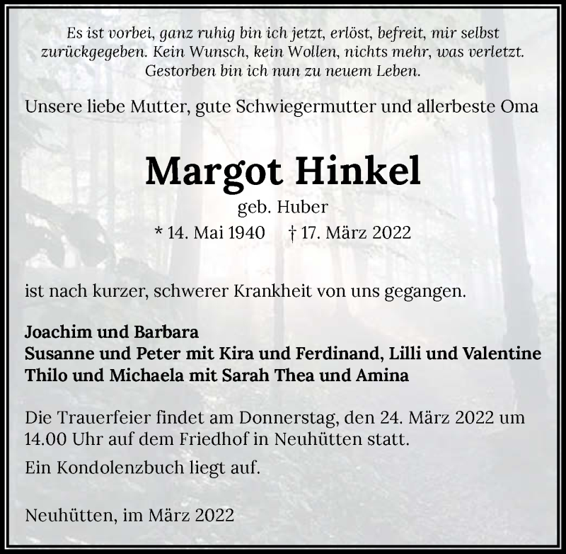  Traueranzeige für Margot Hinkel vom 22.03.2022 aus GESAMT