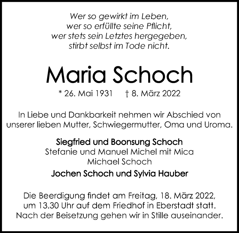  Traueranzeige für Maria Schoch vom 12.03.2022 aus GESAMT