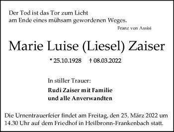 Traueranzeige von Marie Luise Zaiser von GESAMT