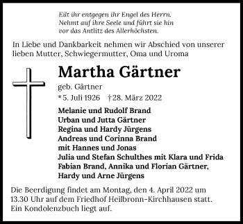 Traueranzeige von Martha Gärtner von GESAMT