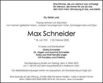 Traueranzeige von Max Schneider von GESAMT