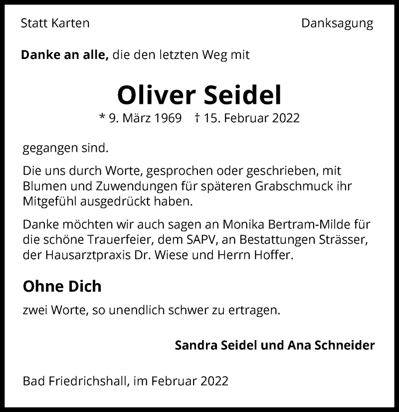  Traueranzeige für Oliver Seidel vom 05.03.2022 aus GESAMT