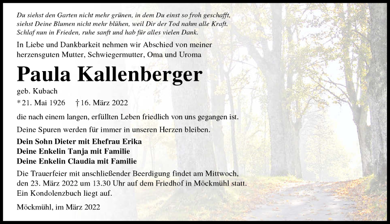  Traueranzeige für Paula Kallenberger vom 19.03.2022 aus GESAMT