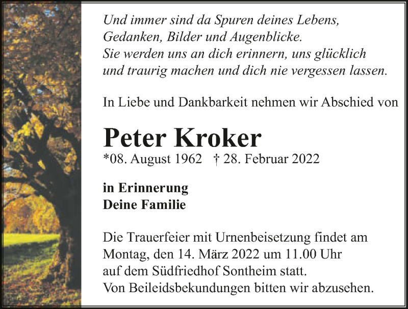  Traueranzeige für Peter Kroker vom 09.03.2022 aus GESAMT