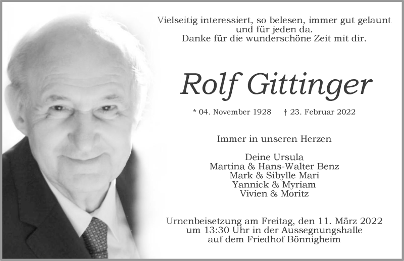  Traueranzeige für Rolf Gittinger vom 05.03.2022 aus GESAMT