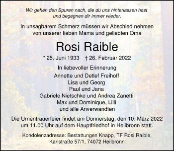 Traueranzeige von Rosi Raible von GESAMT