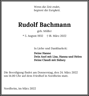 Traueranzeige von Rudolf Bachmann von GESAMT