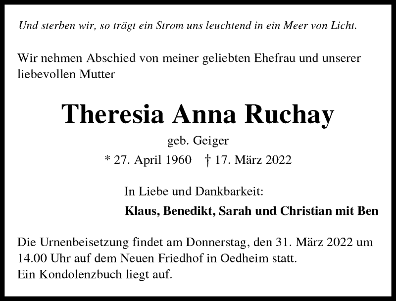  Traueranzeige für Theresia Anna Ruchay vom 26.03.2022 aus GESAMT