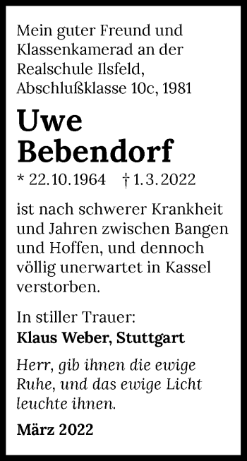 Traueranzeige von Uwe Bebendorf von GESAMT