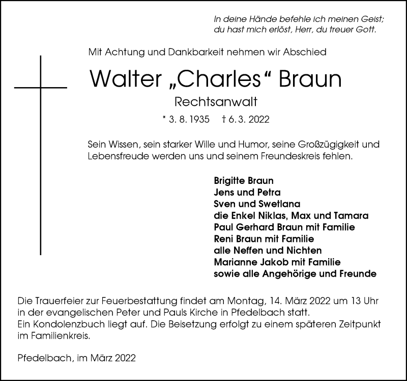  Traueranzeige für Walter Braun vom 10.03.2022 aus GESAMT