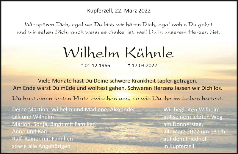  Traueranzeige für Wilhelm Kühnle vom 22.03.2022 aus GESAMT