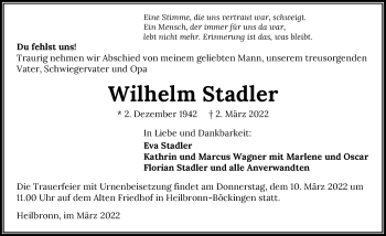 Traueranzeige von Wilhelm Stadler von GESAMT