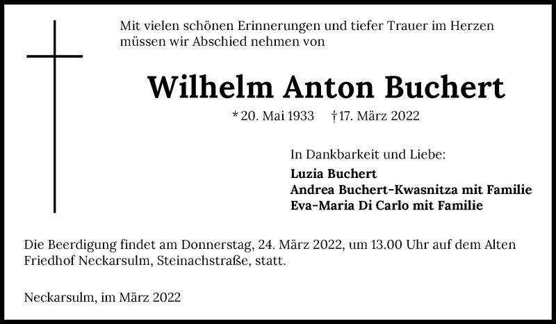  Traueranzeige für Wilhelm Anton Buchert vom 22.03.2022 aus GESAMT
